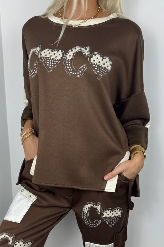 Stylisches Shirt mit Schmuckstein-Details-Choco