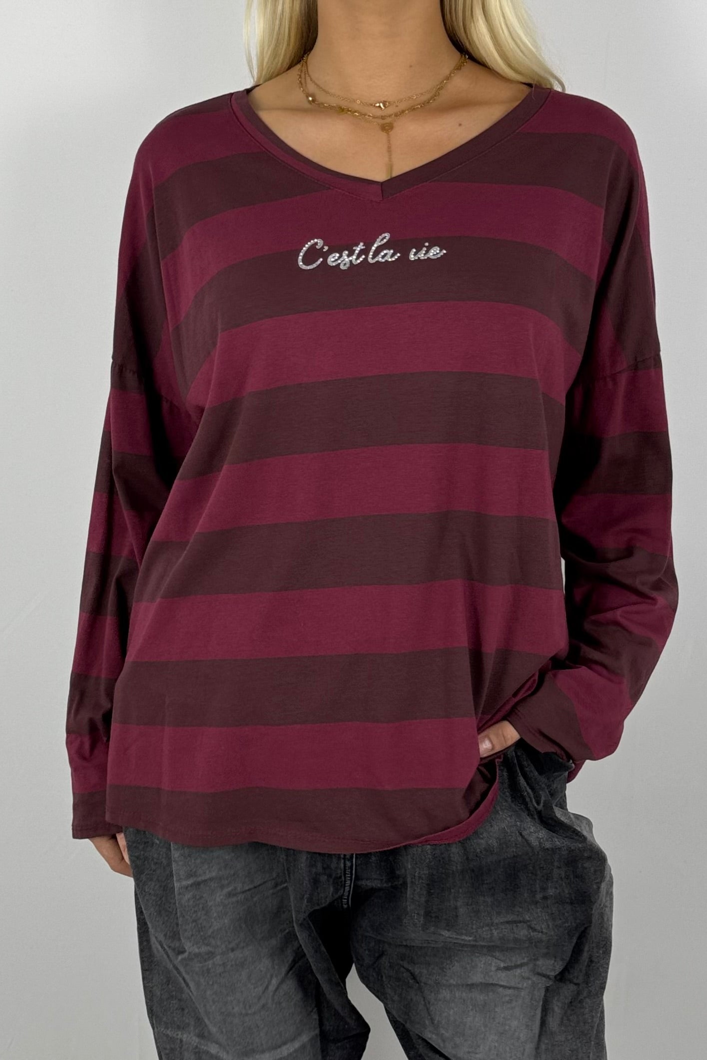 Damen Shirt gestreift – Oversize-Bordeaux
