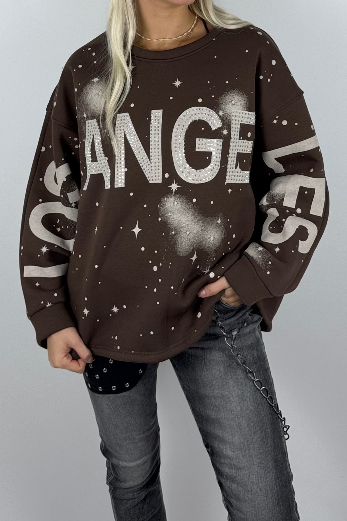 Damen-Sweatshirt mit „Los Angeles“-Schriftzug und Glitzersteinen - Schoko