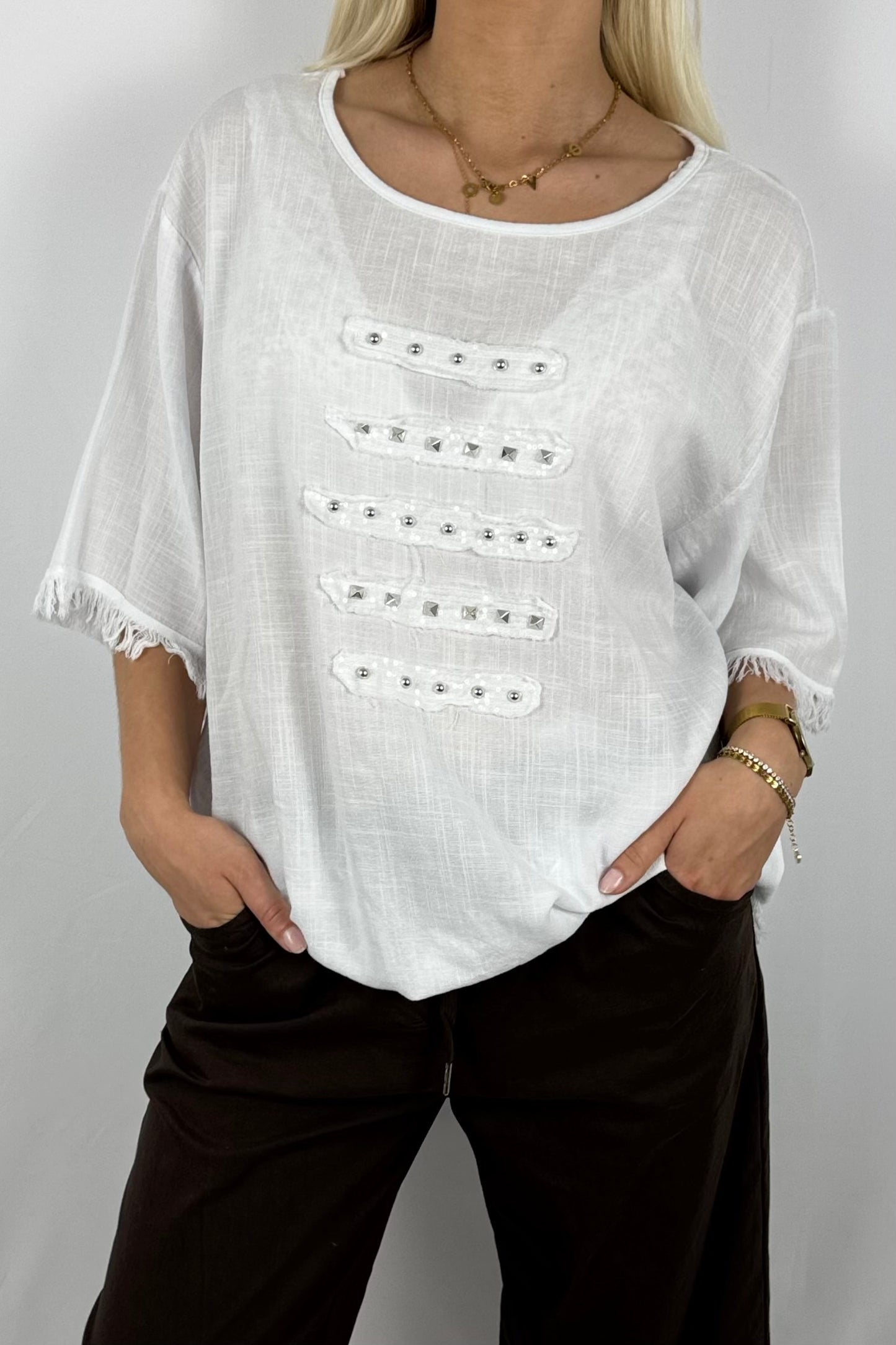 Leinen-Shirt mit Fransen & Nieten-Details-Weiß