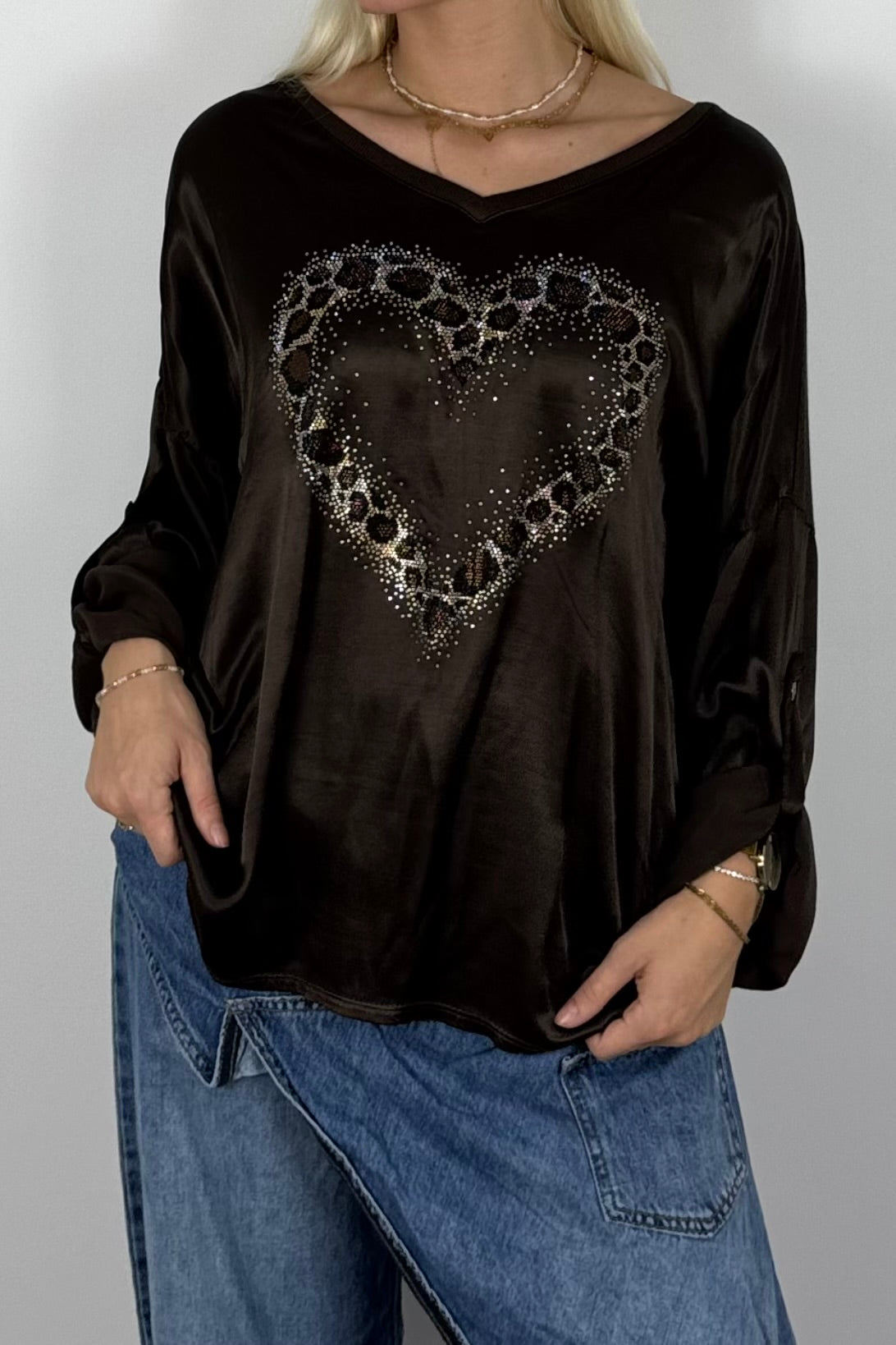 Damen Oversize Shirt mit Herz & Glitzer – Schoko