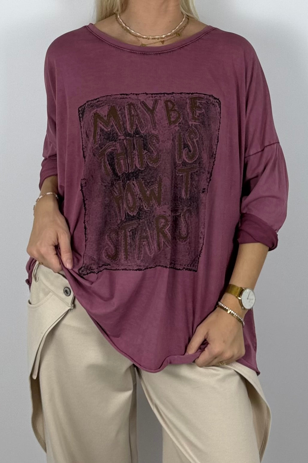 Damen Oversize Shirt „Maybe This Is How It Starts“ – Bordeaux