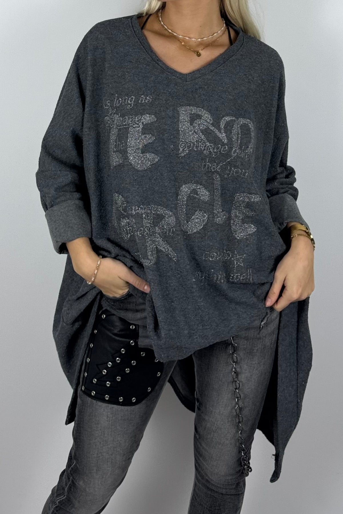 Damen-Sweatshirt mit V-Ausschnitt und Glitzerprint-Anthrazit