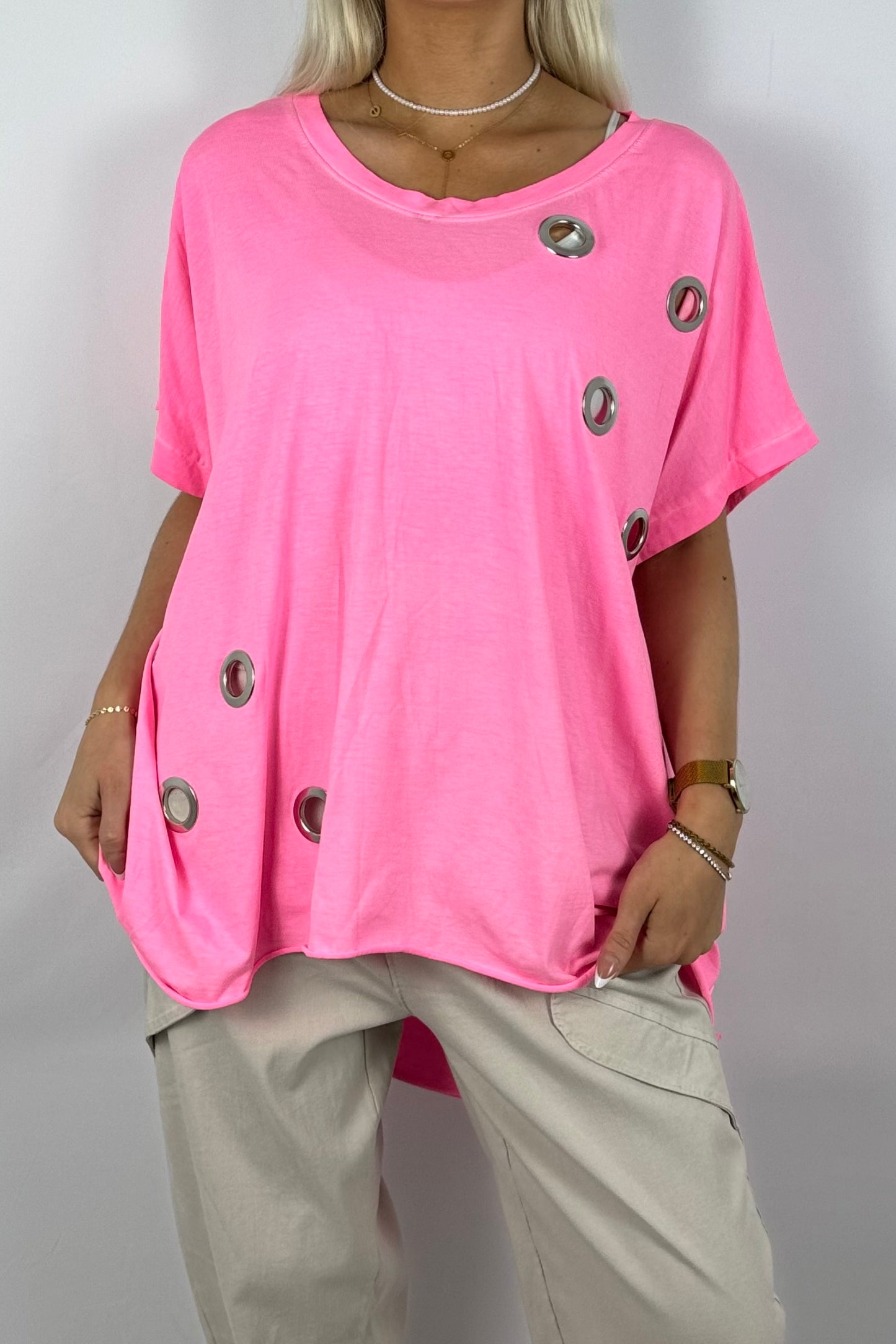 Oversize-Shirt mit dekorativen Metallösen-Neon Pink