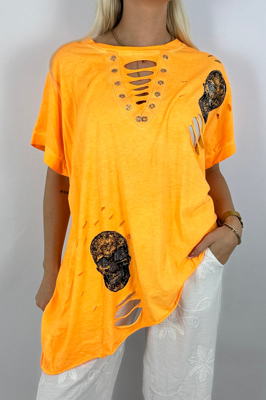 Skull-Shirt mit Strassdetails – trendig & lässig-Neon Orange