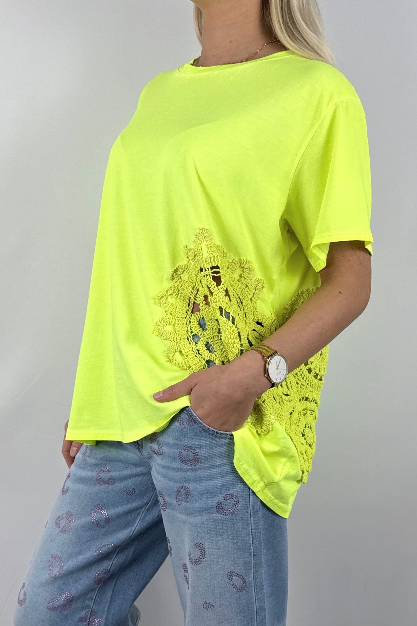 Shirt mit großem Häkel Muster-Neon Gelb
