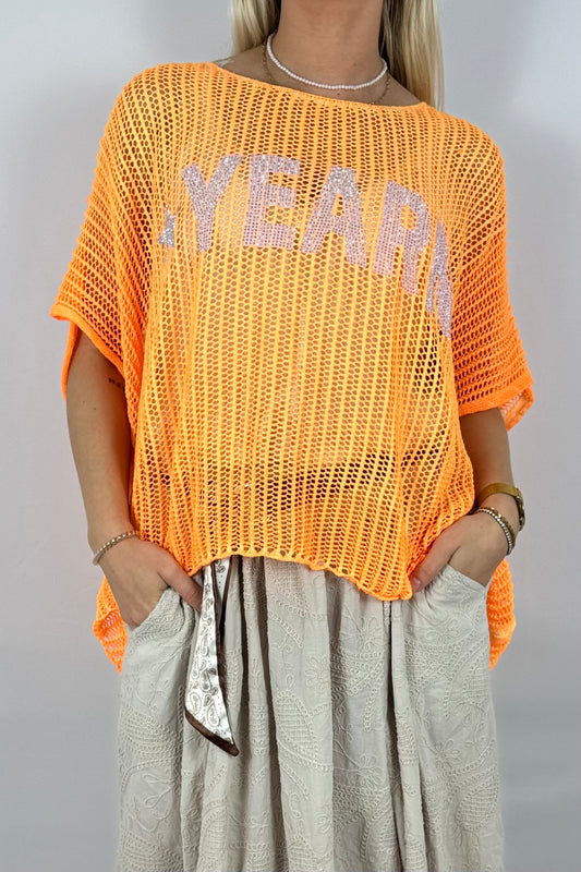 Oversize Strickshirt „YEARN“ – Netzlook Statement Shirt-Neon Orange