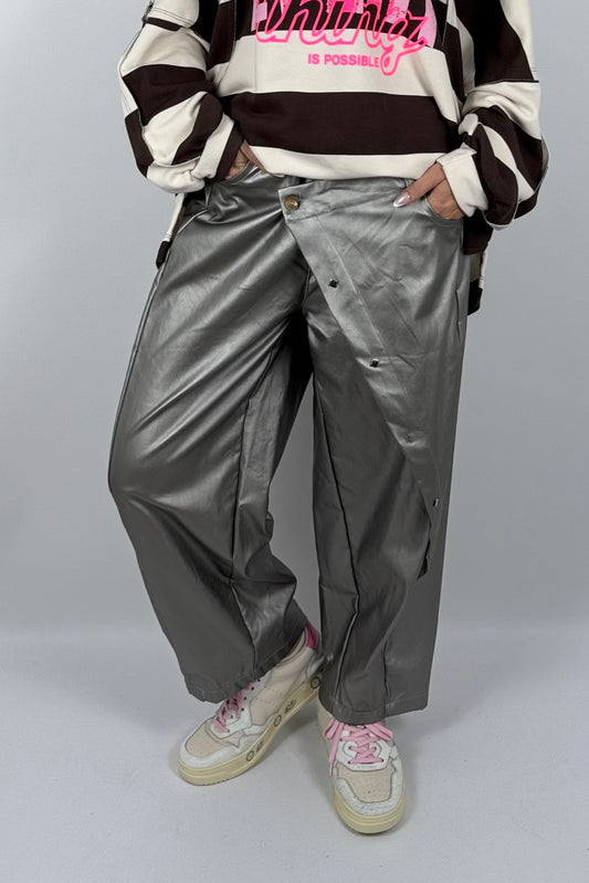 Damen Lederlook-Hose mit asymmetrischem Detail – Silber