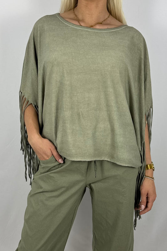 Fransen-Shirt aus Baumwollmix-Khaki