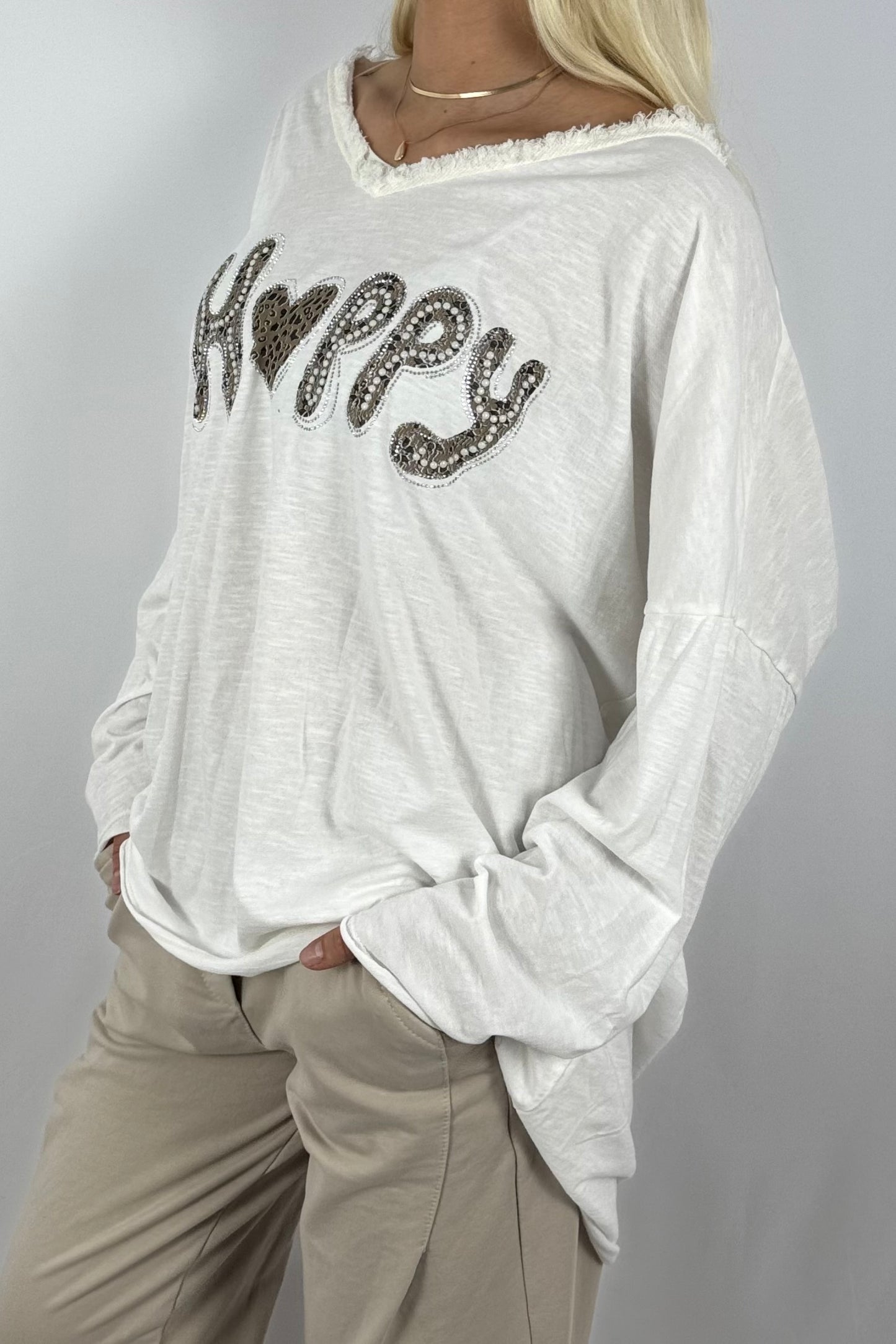 Damen Oversize Shirt – Happy Print-Weiß
