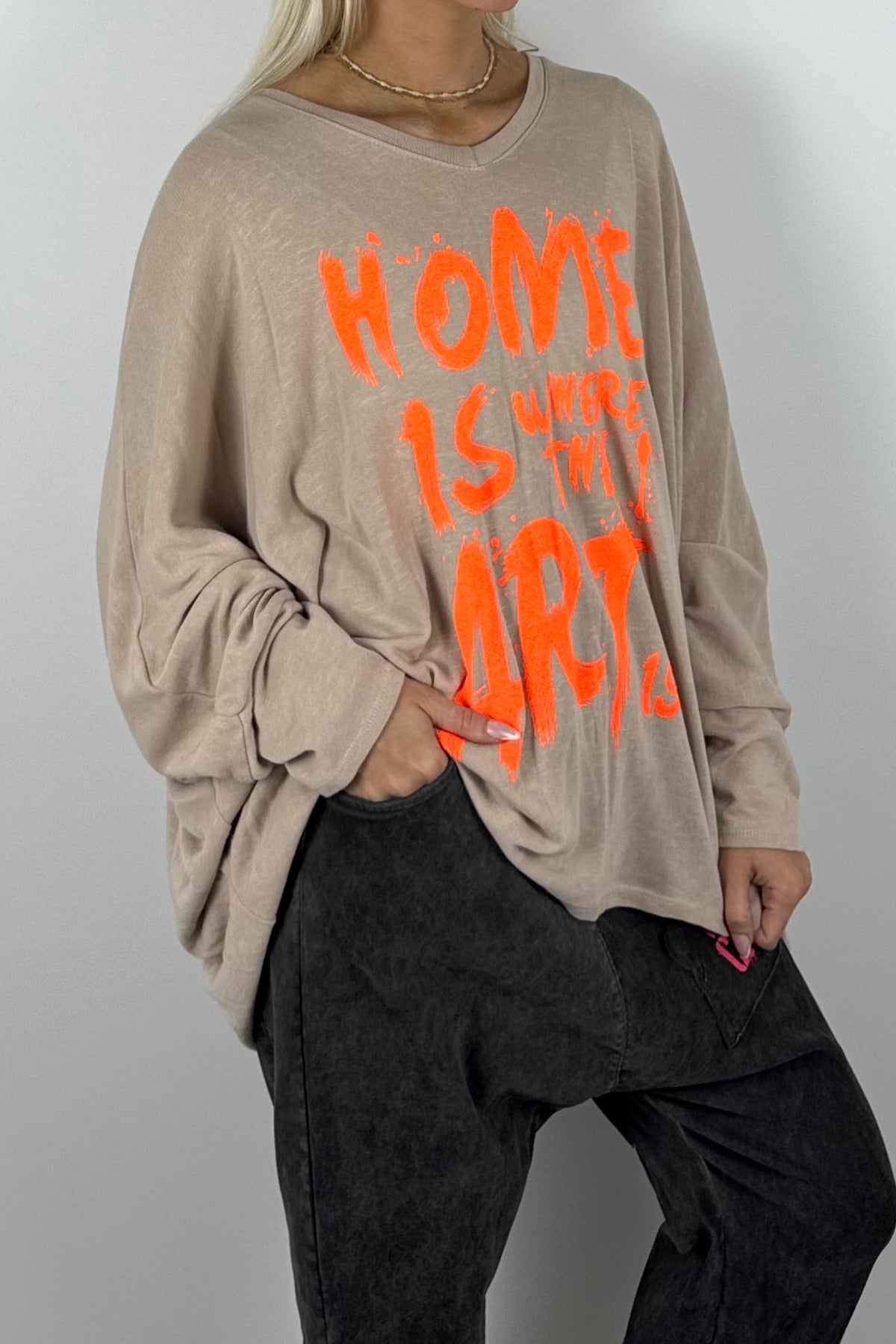 Damen Oversize-Shirt mit Statement-Print-Beige
