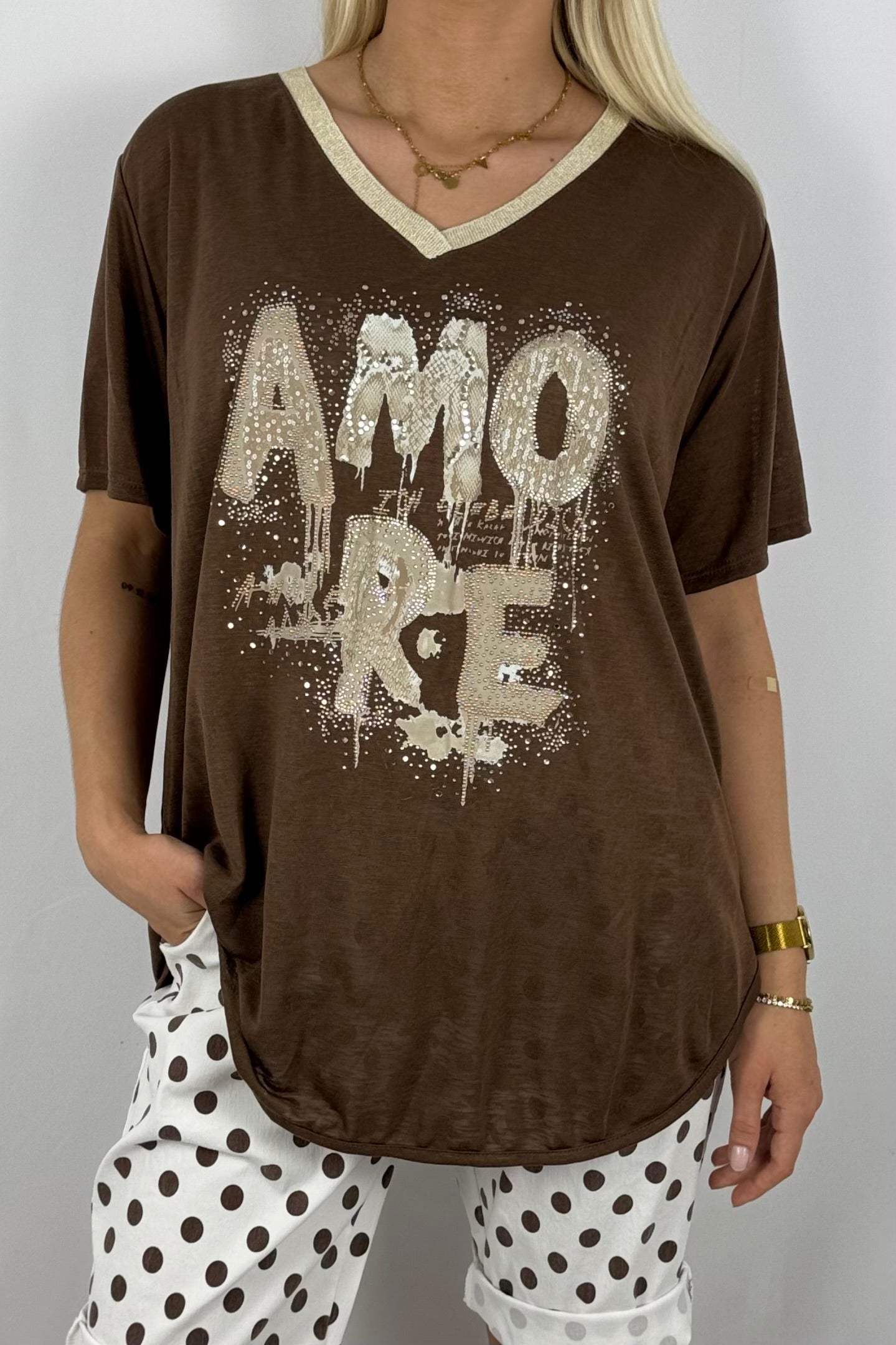 Shirt „AMORE“ mit Glitzer-Print-Schoko