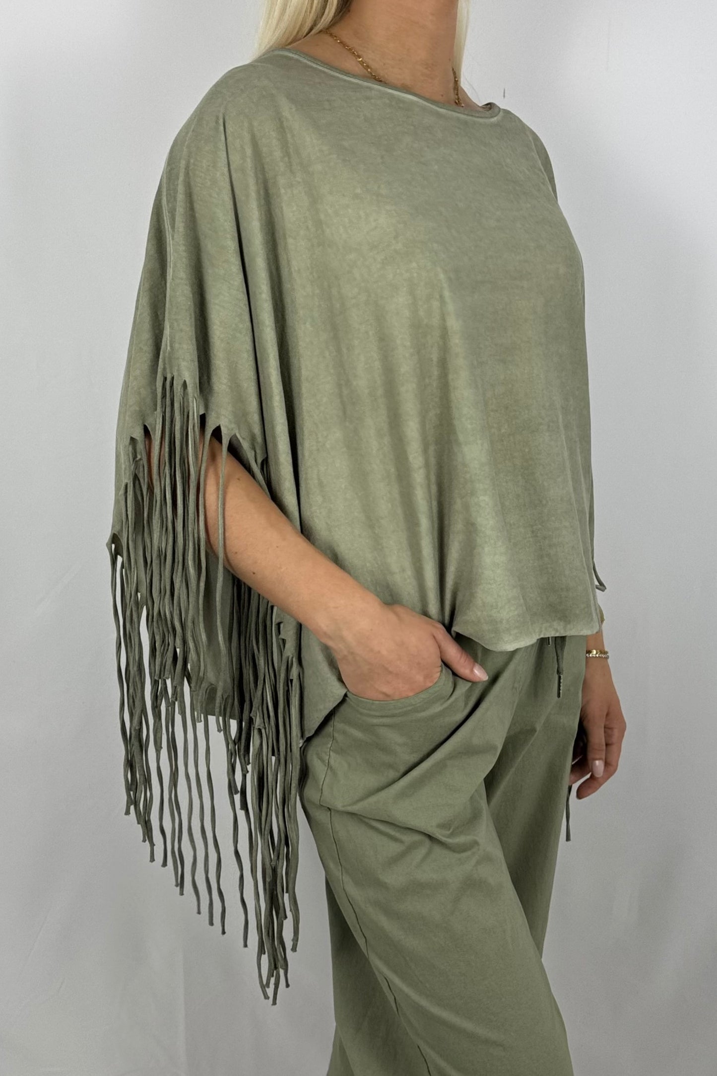 Fransen-Shirt aus Baumwollmix-Khaki