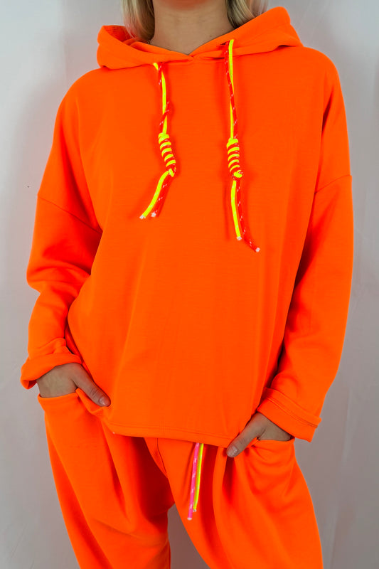 Oversize Hoodie mit Kordel-Detail –Neon Orange