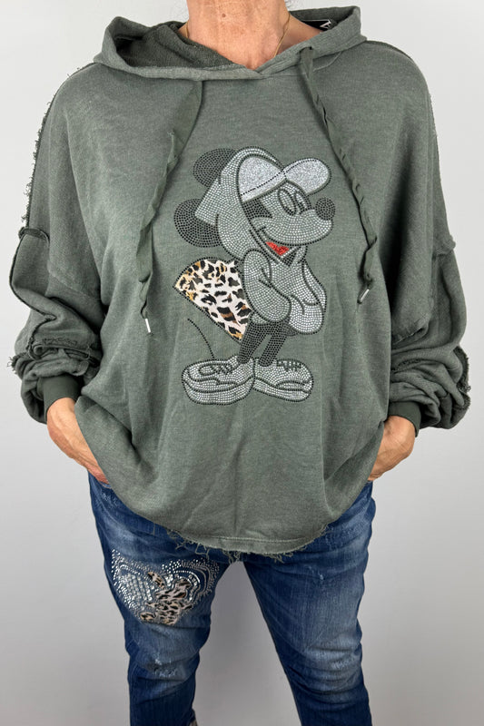 Damen Hoodie mit Glitzer-Motiv & Animal-Print-Detai