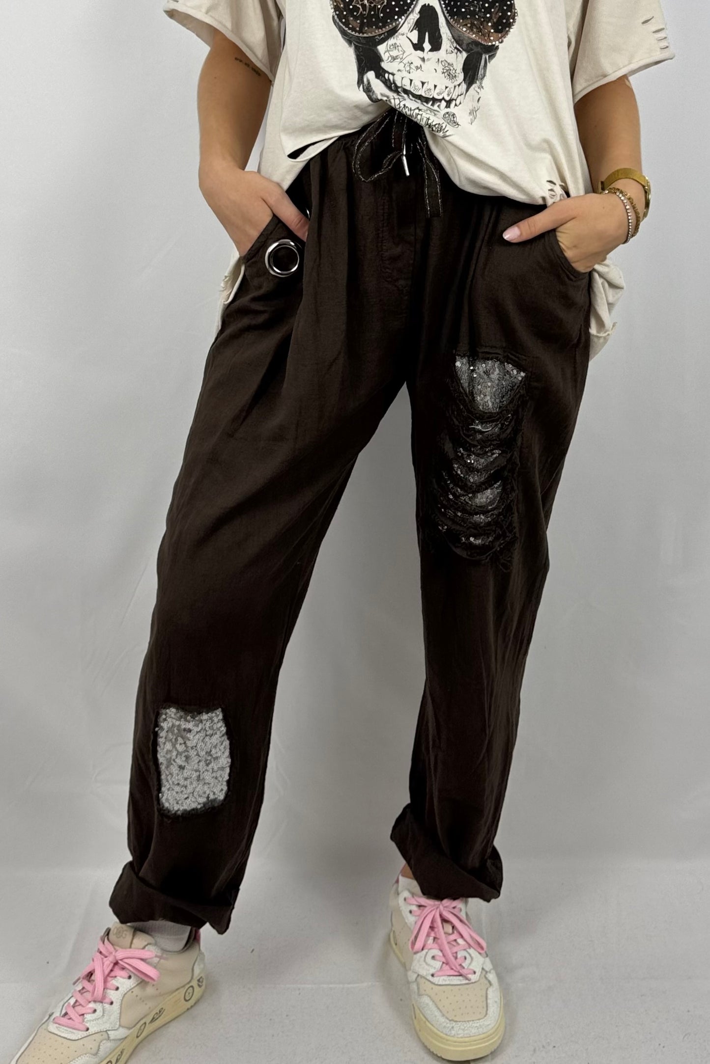 Leinen-Viskose Hose mit Pailletten-Details-Choco