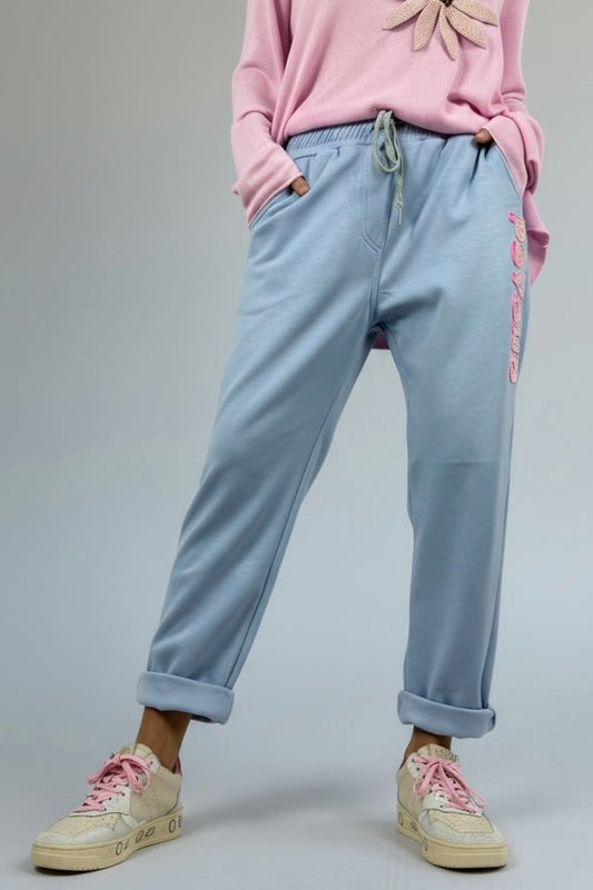 Hose mit elastischem Bund & Schriftzug „PSYCHO“-Hellblau