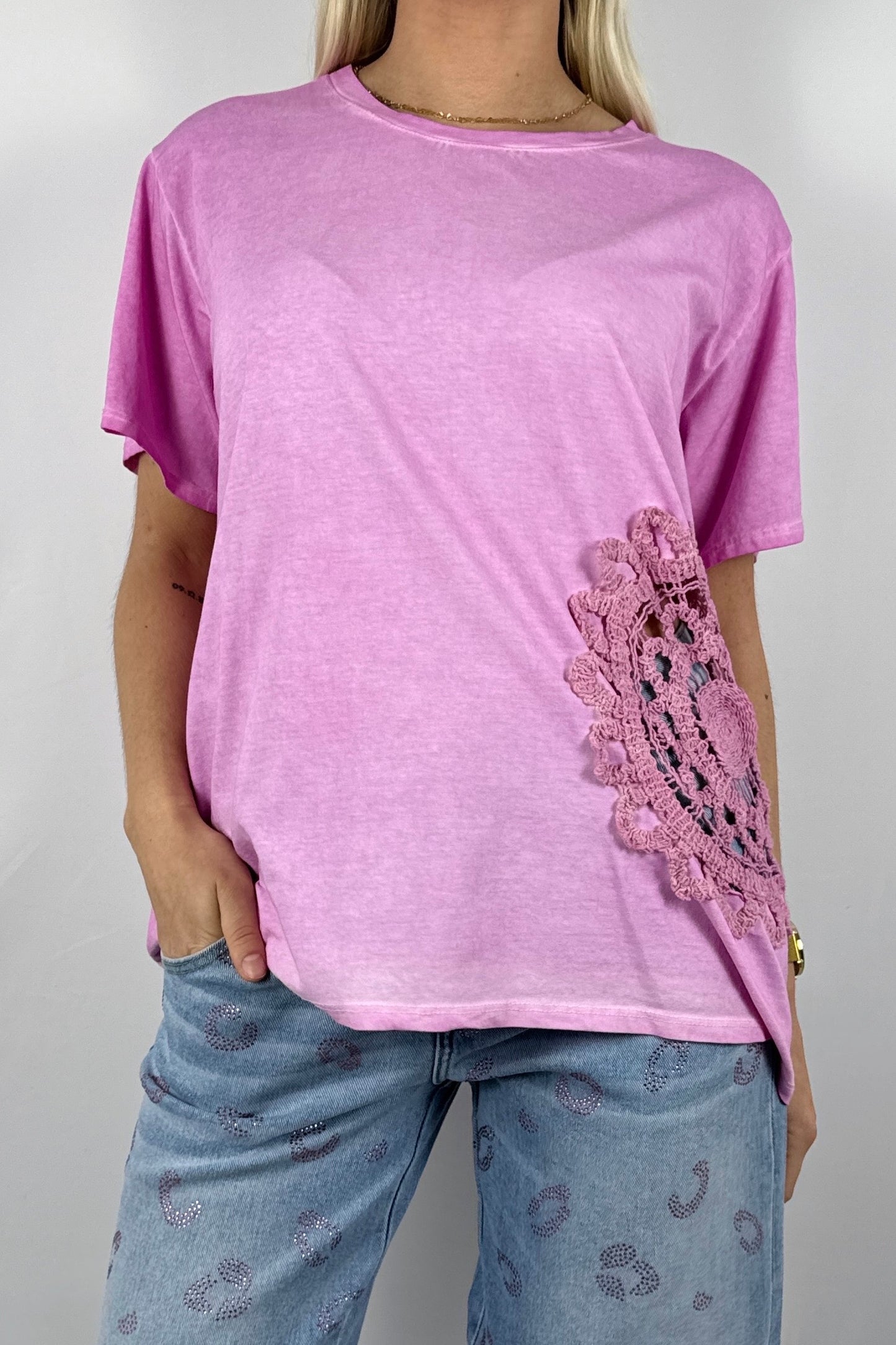 Shirt mit großem Häkel Muster-Pink