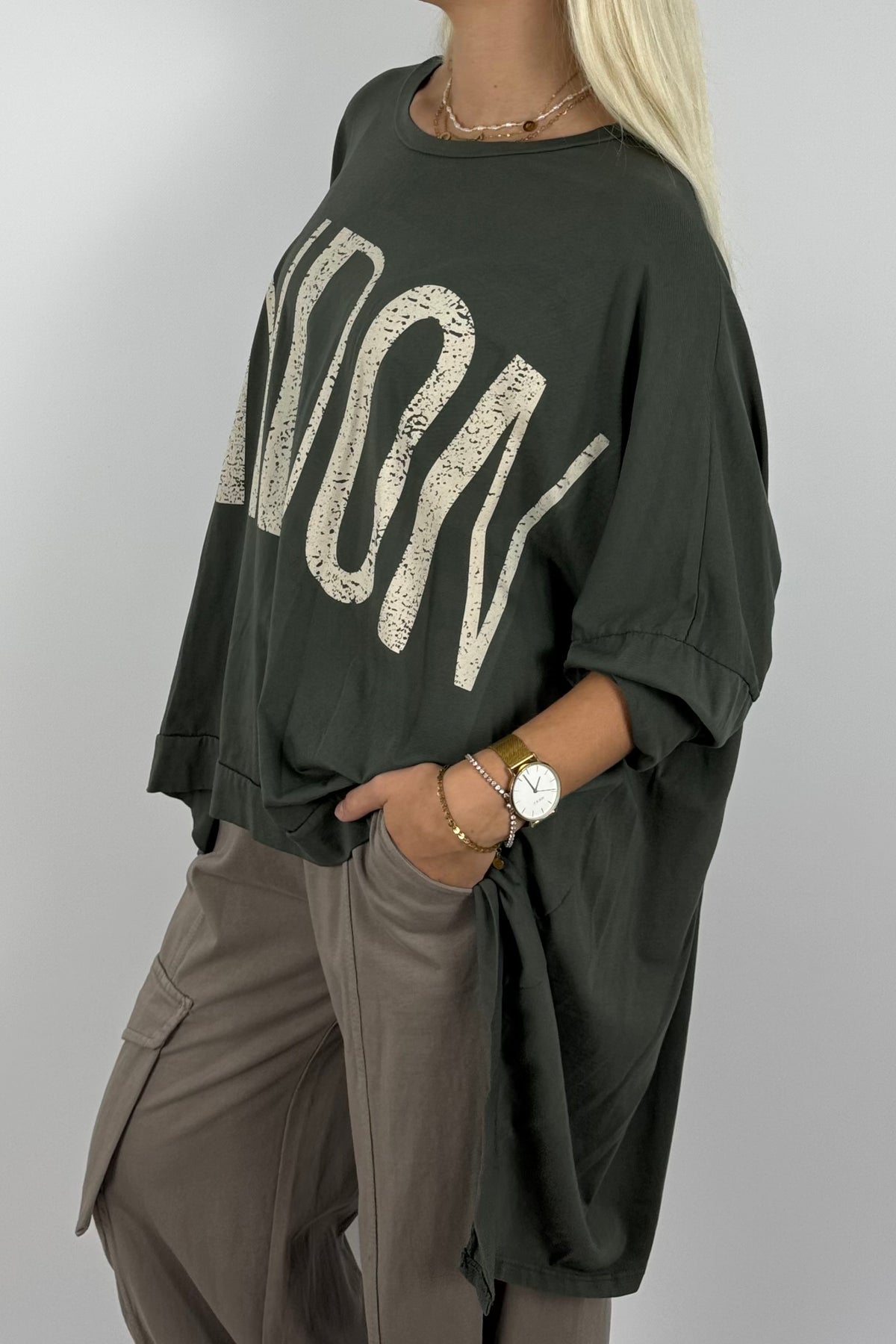 Oversize Shirt mit „LONDON“-Print – Khaki