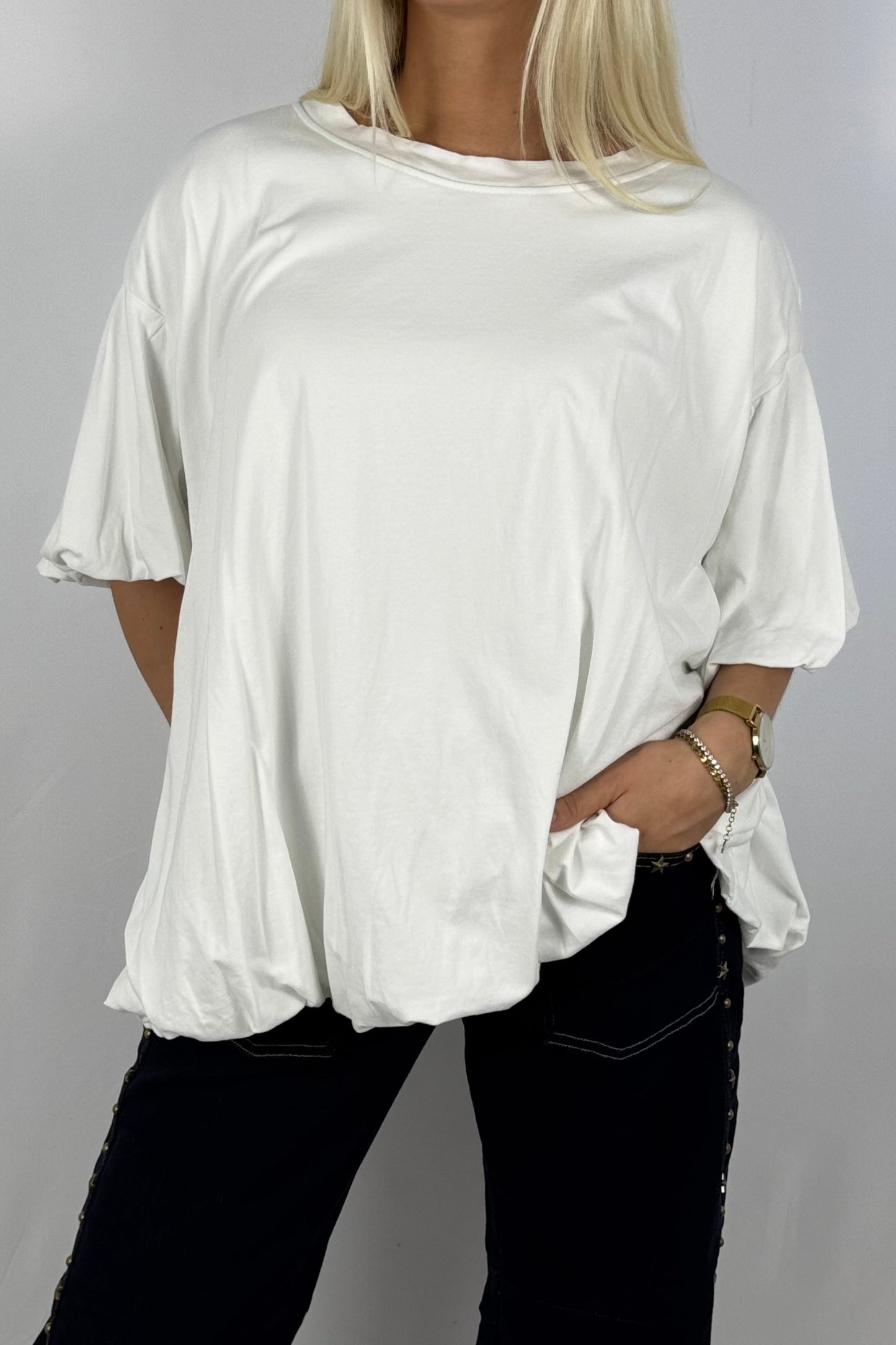 Basic Oversize Shirt mit Puffärmeln – Weiß