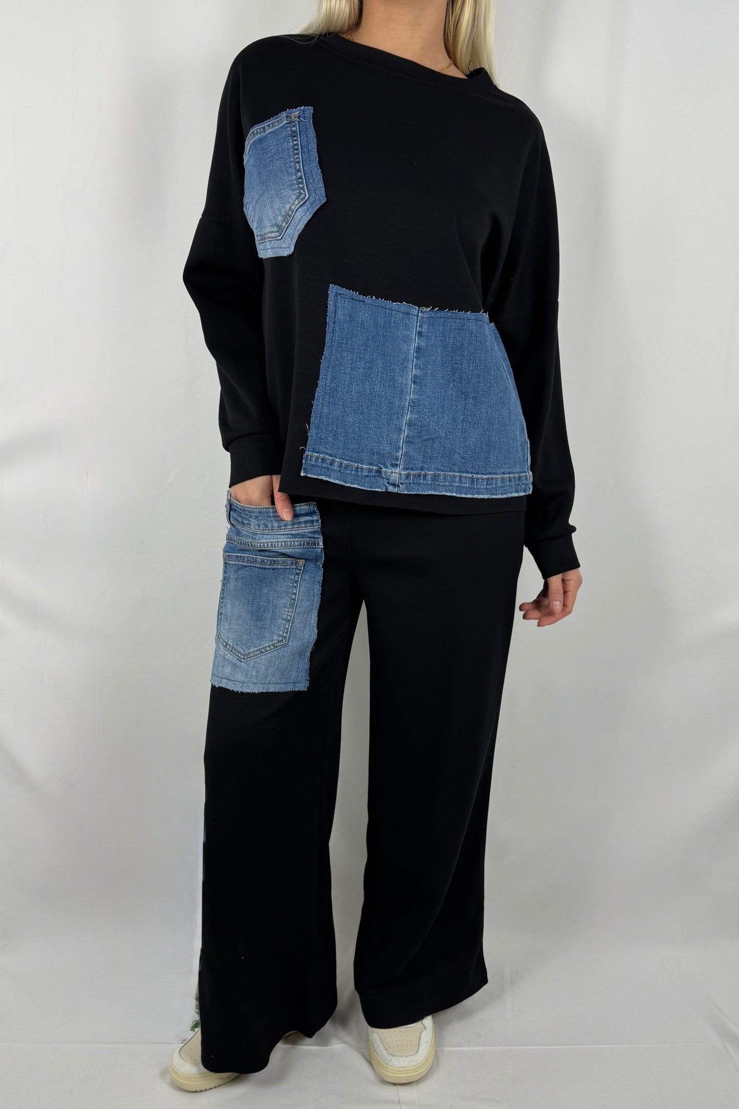Damen Zweiteiler Set mit Denim Patch Details-Schwarz