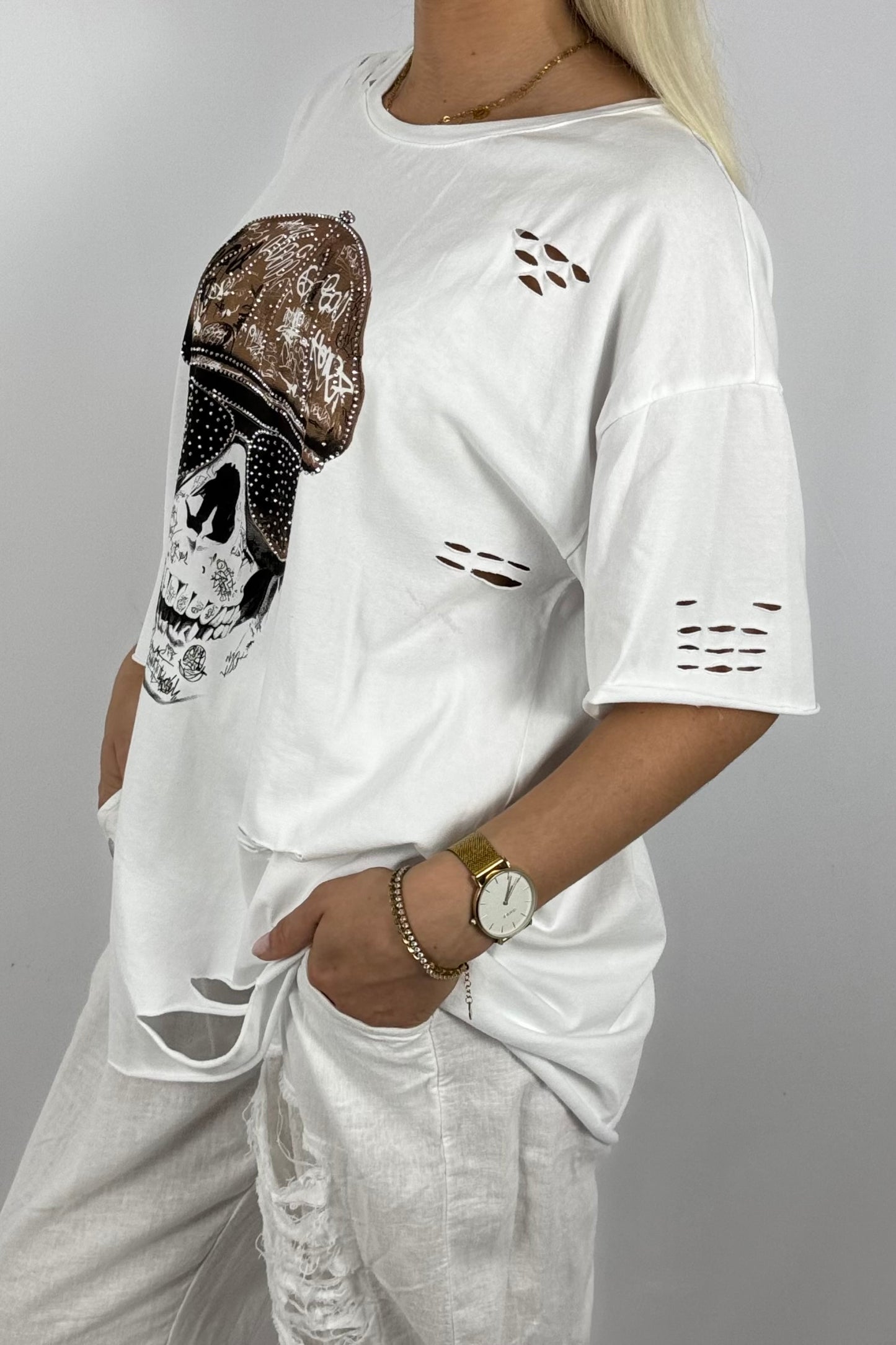 Oversize Shirt mit Skull-Print & Destroyed-Look-Weiß