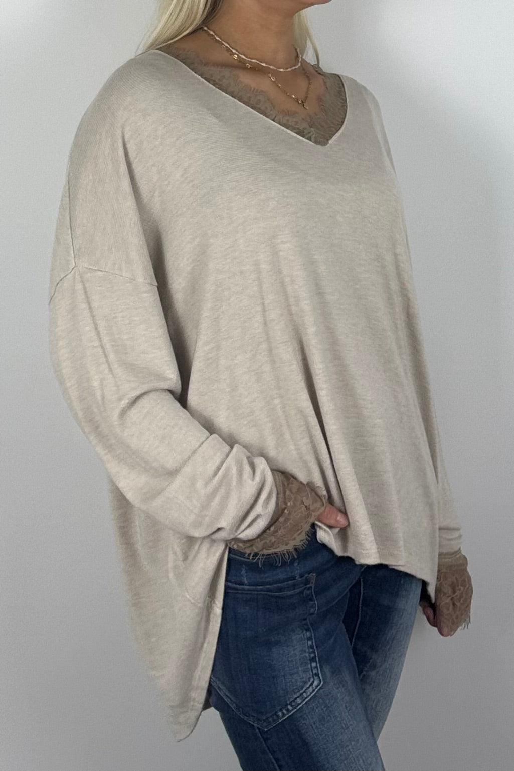 Damen Oversize Shirt mit Spitzen-Details –Beige