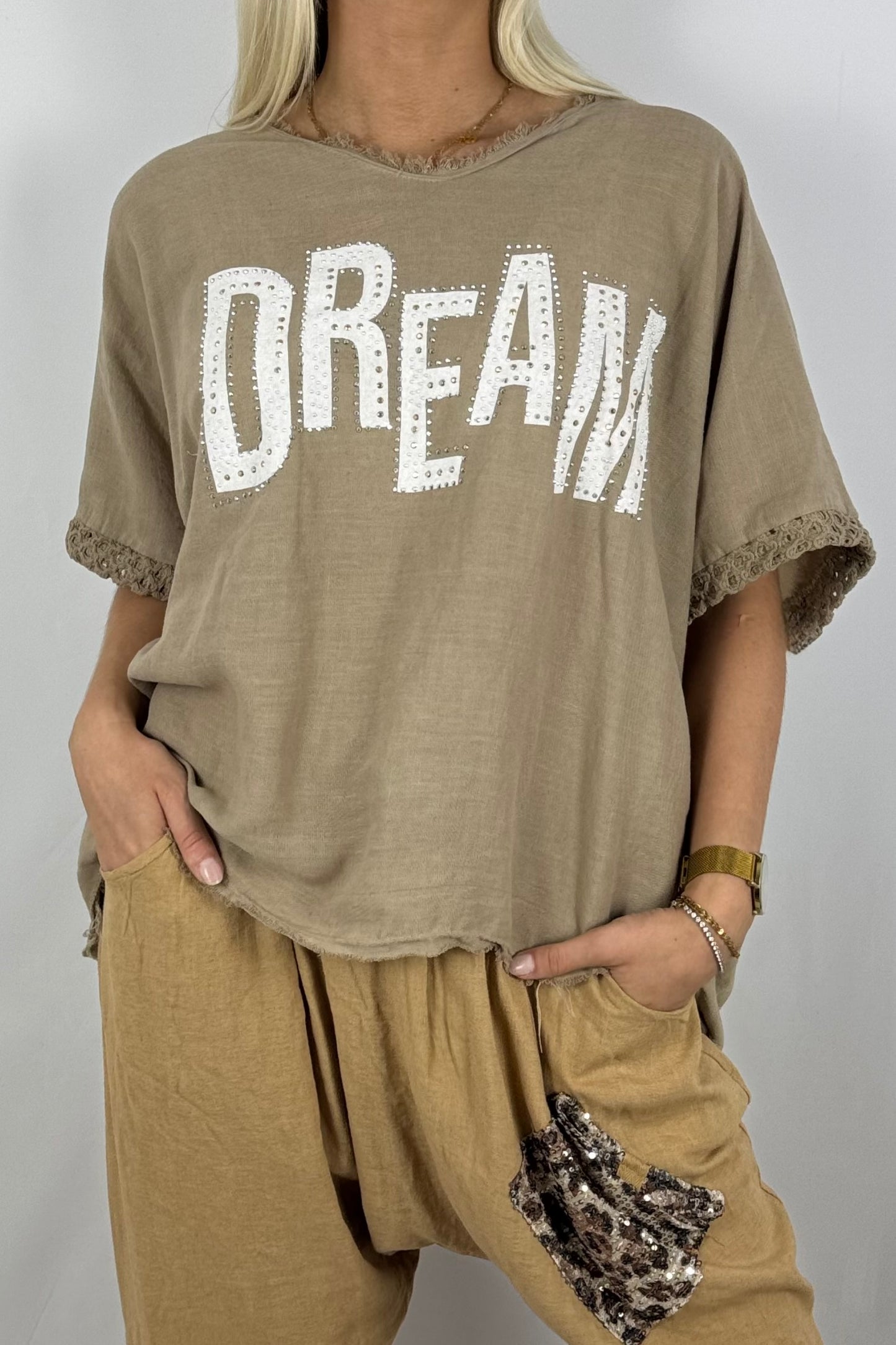 Leinen-Shirt „DREAM“ mit Strassdetails-Safari