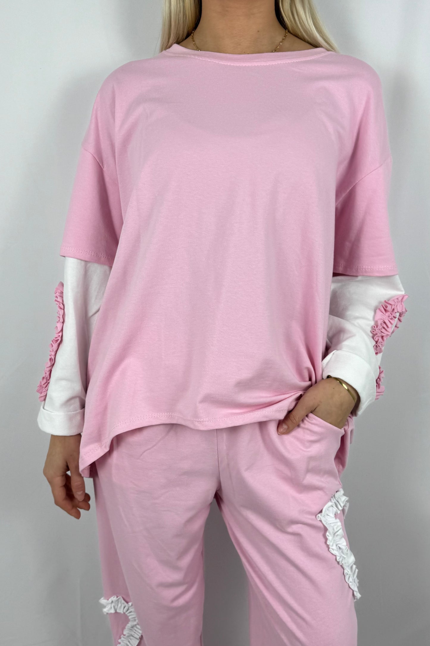 Damen Shirt mit Herz Applikation an den Ärmeln-Rosa