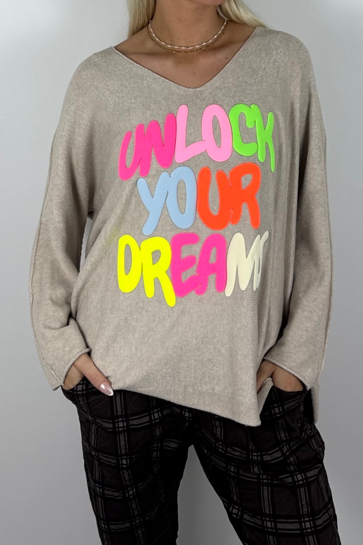 Damen Oversize-Sweatshirt mit Statement-Print-Beige