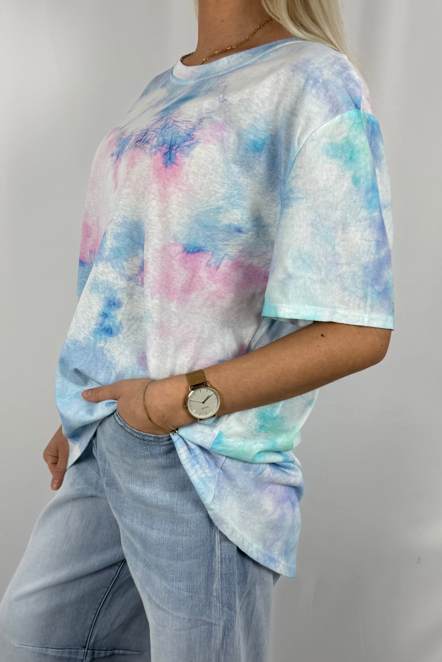 Damen Batik T-Shirt Oversize-Hellblau