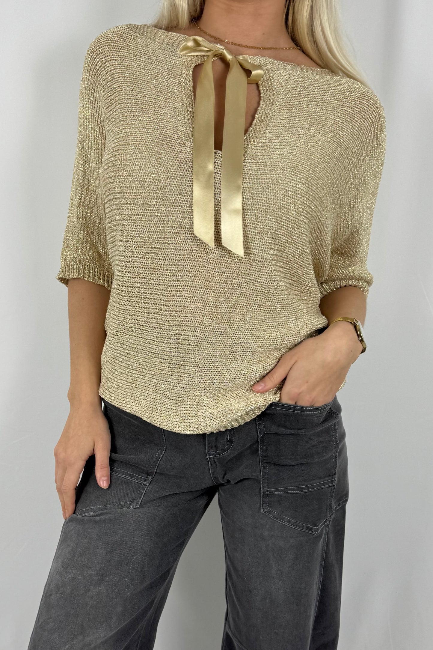 Damen Strick Shirt mit Schleifen Detail-gold