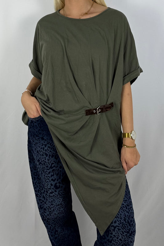 Damen Longshirt mit Schnalle – Oversize-Khaki