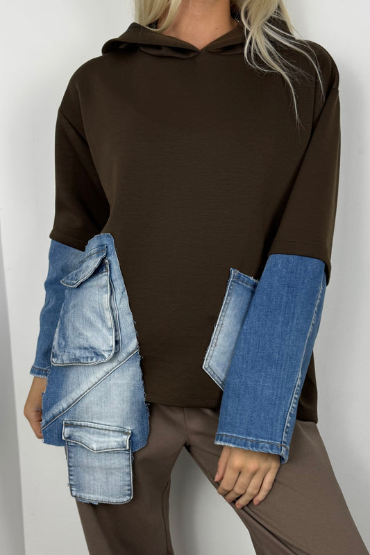 Trendiger Damen-Pullover mit Jeans-Details-Choco