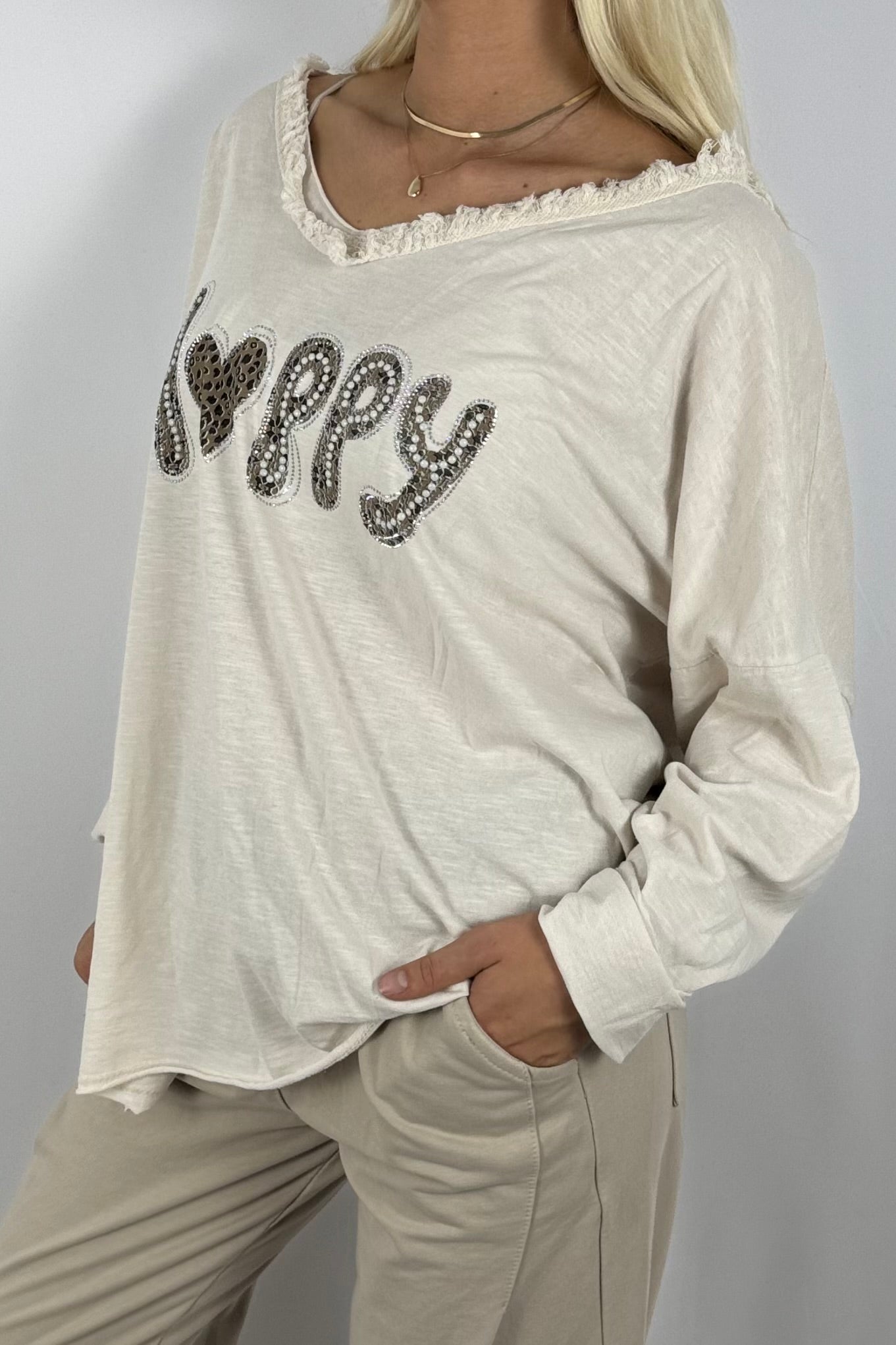 Damen Oversize Shirt – Happy Print-Beige