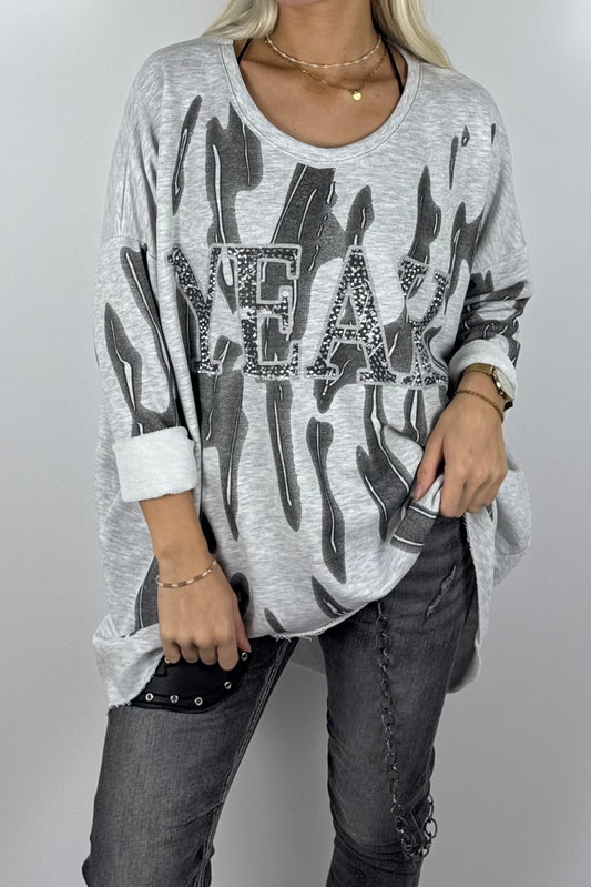 Damen-Sweatshirt mit „YEAH“-Schriftzug und Glitzersteinen-Grau