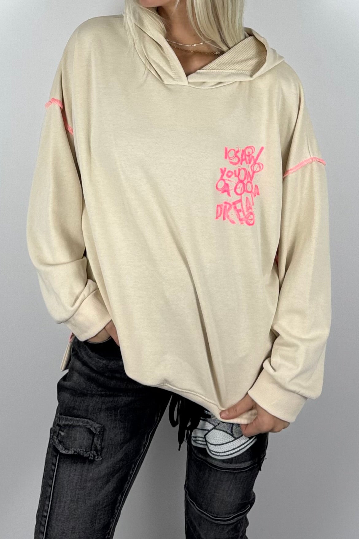 Damen-Hoodie mit Schriftprint und Ziernähten-Beige