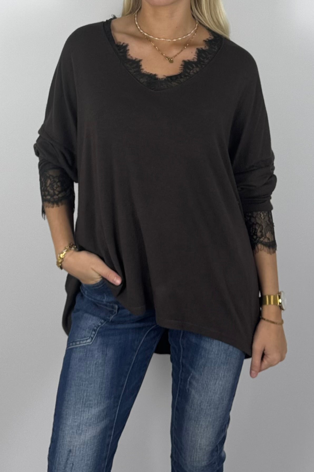Damen Oversize Shirt mit Spitzen-Details –Schoko