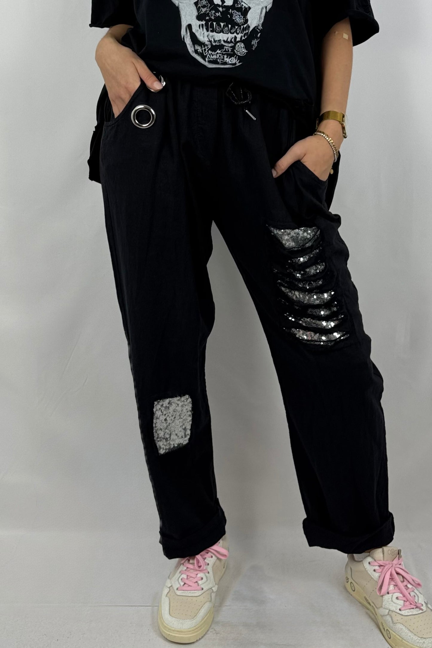 Leinen-Viskose Hose mit Pailletten-Details-Schwarz