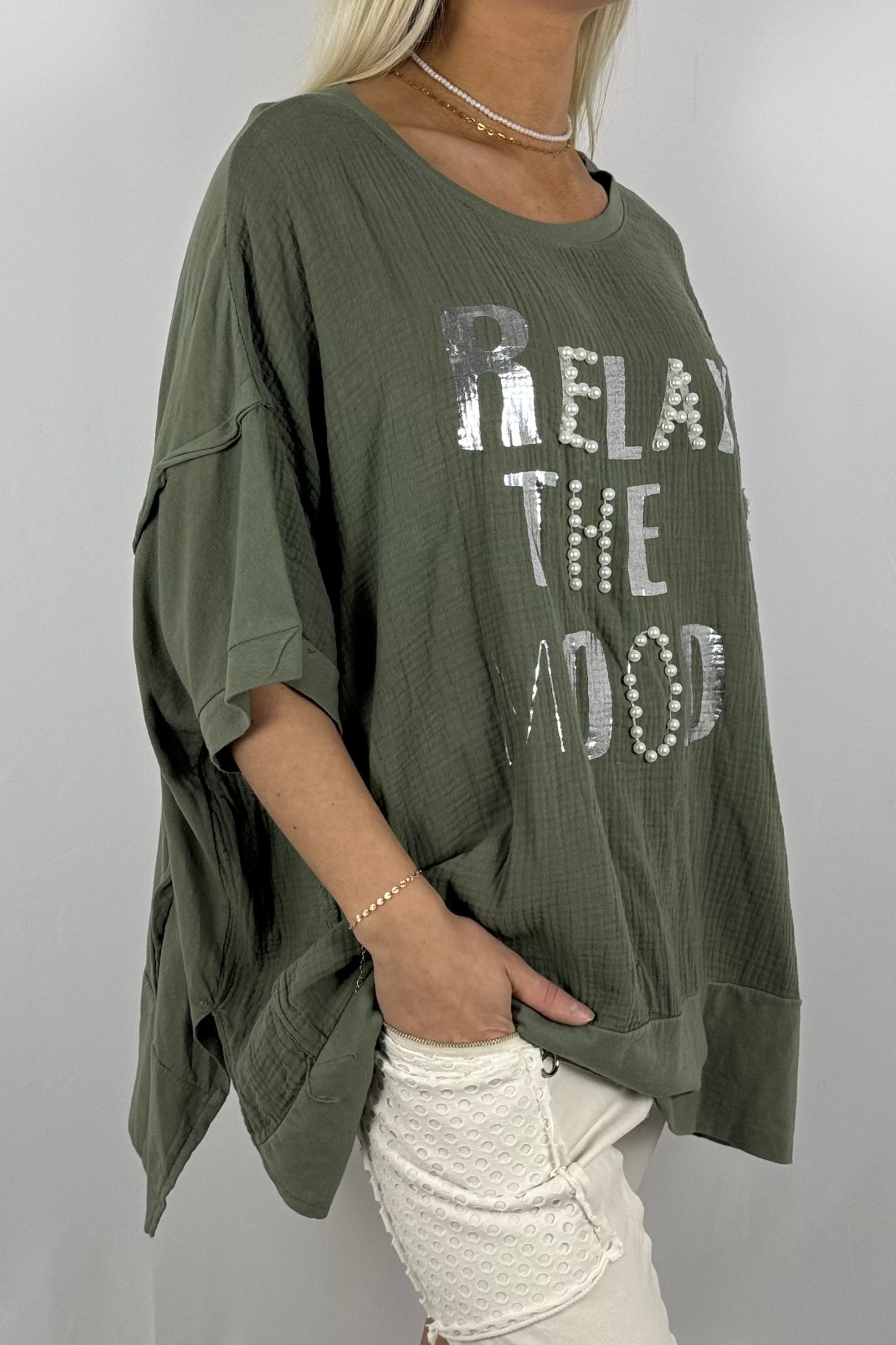 Oversize-Shirt „Relax The Mood“ aus Musselin-Khaki