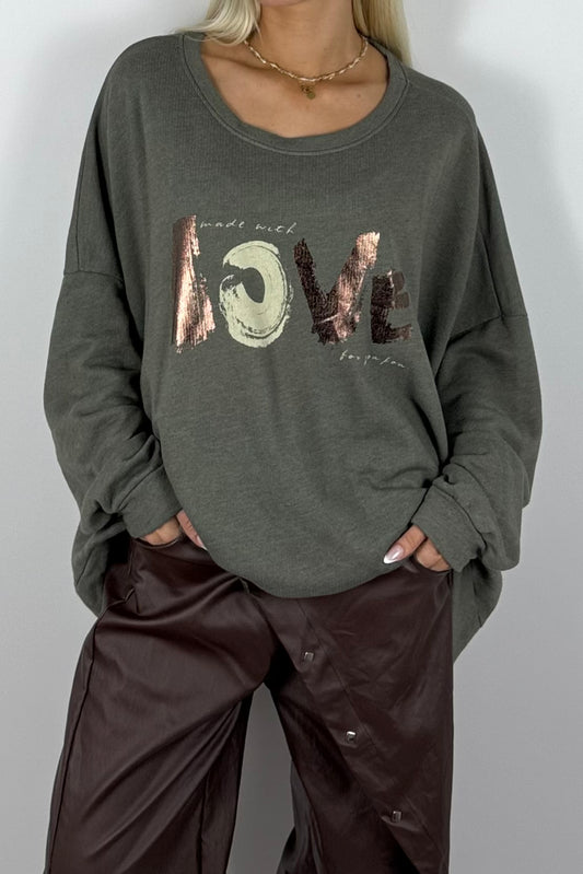 Damen Oversize Sweatshirt „LOVE“ – Khaki