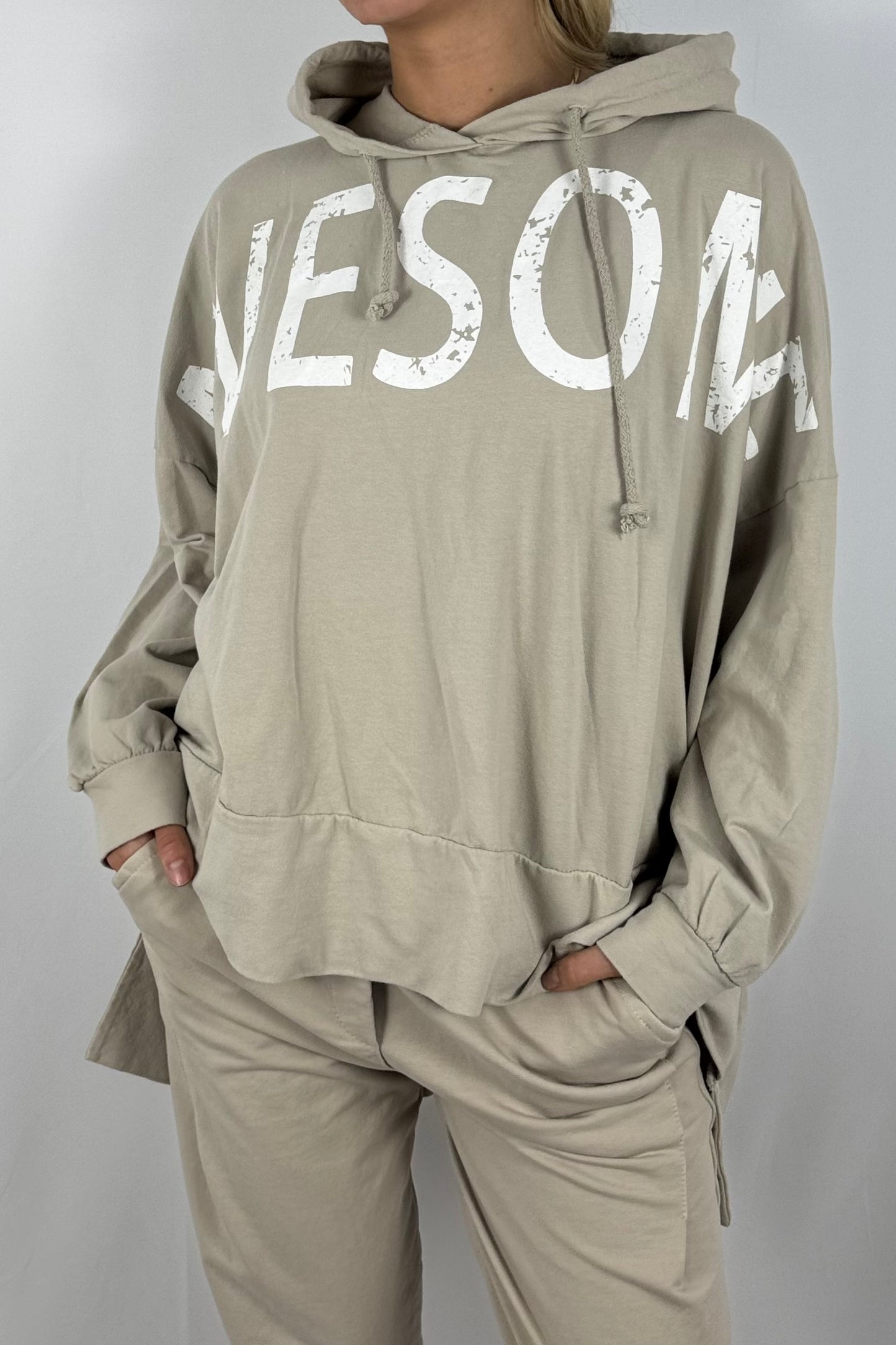 Damen Oversize Hoodie – Awesome Print-Beige