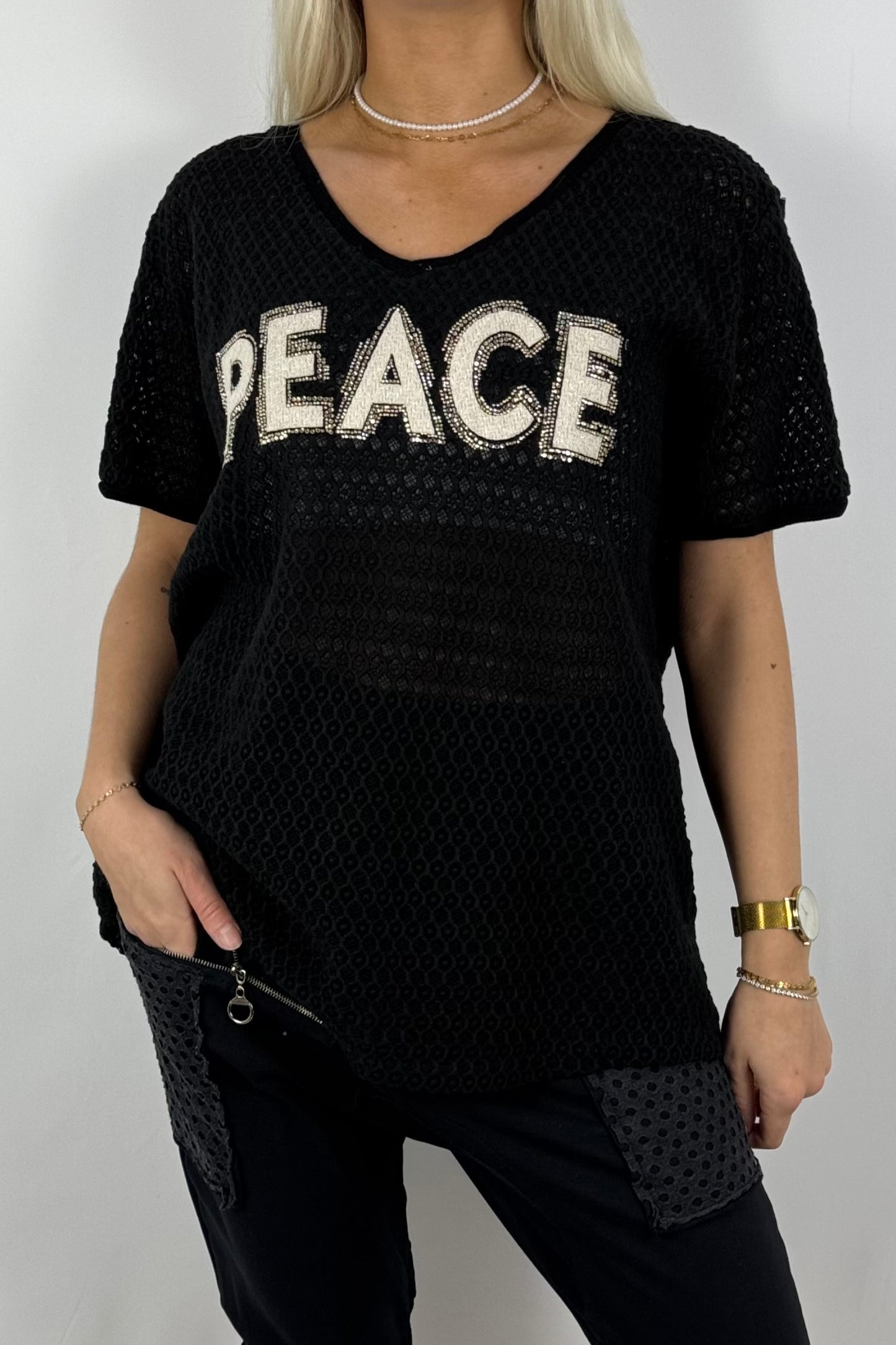 Netz-Shirt „PEACE“ mit Strass-Applikation-Schwarz