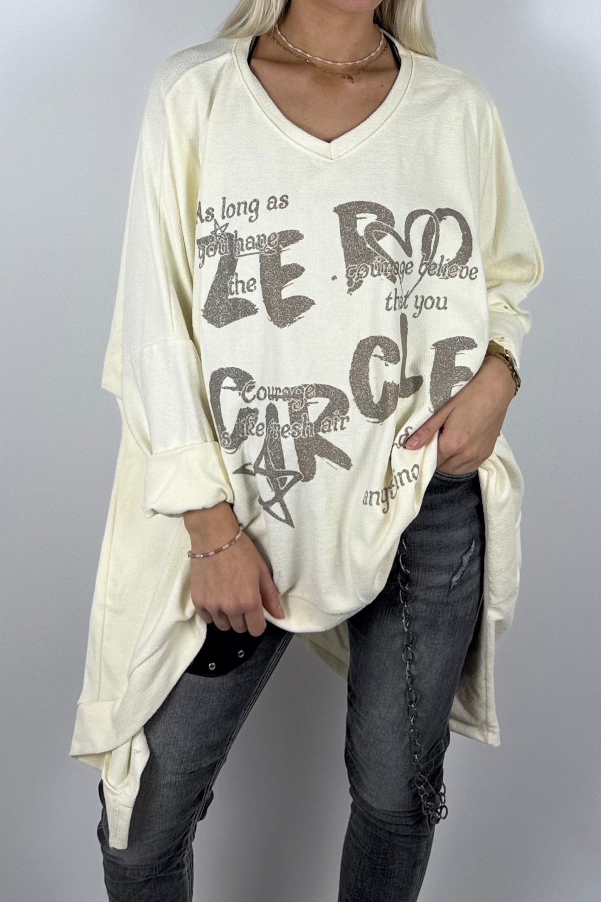 Damen-Sweatshirt mit V-Ausschnitt und Glitzerprint-Butter