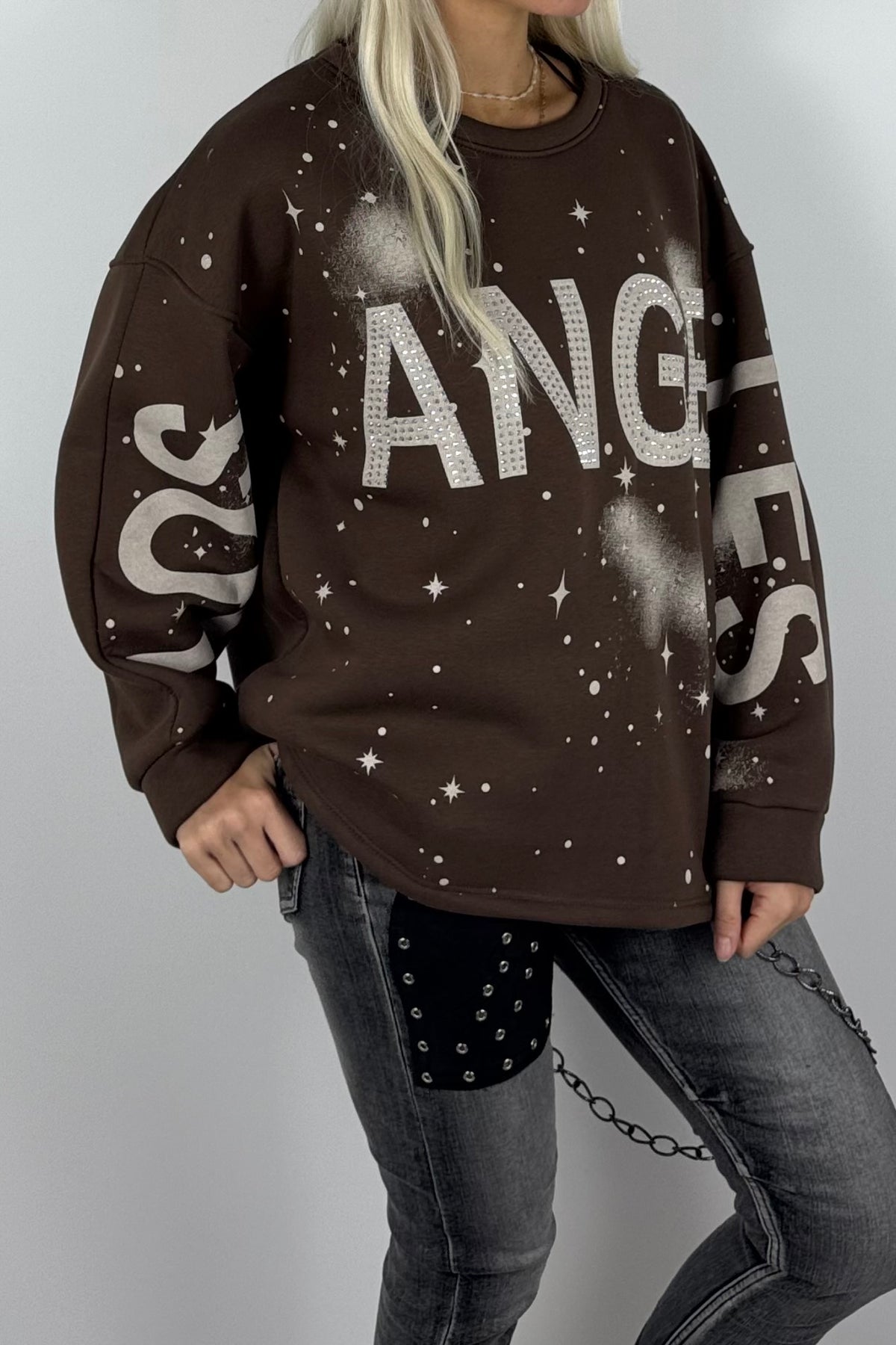Damen-Sweatshirt mit „Los Angeles“-Schriftzug und Glitzersteinen - Schoko