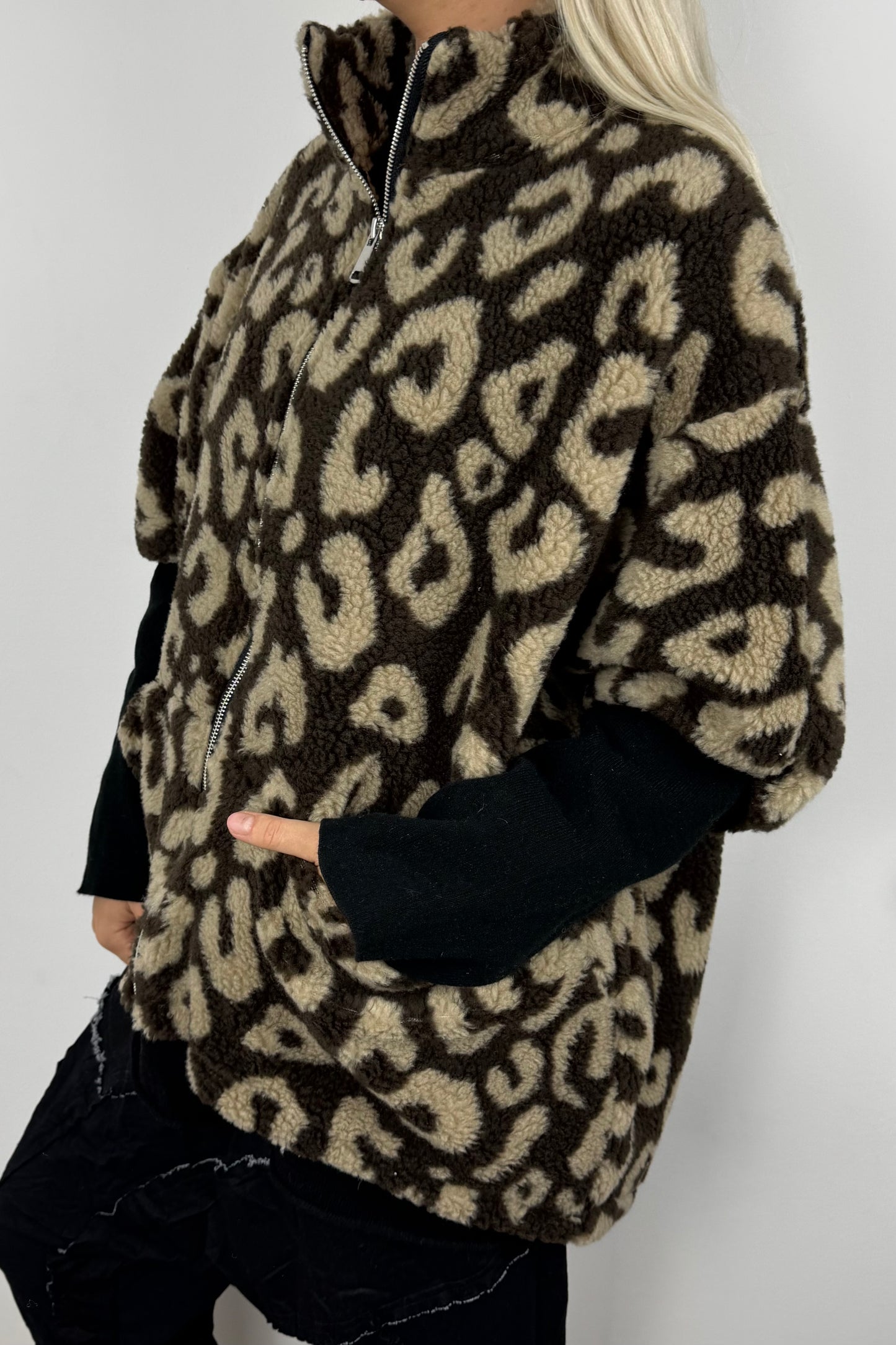 Oversize Teddy-Jacke mit Muster – Mud