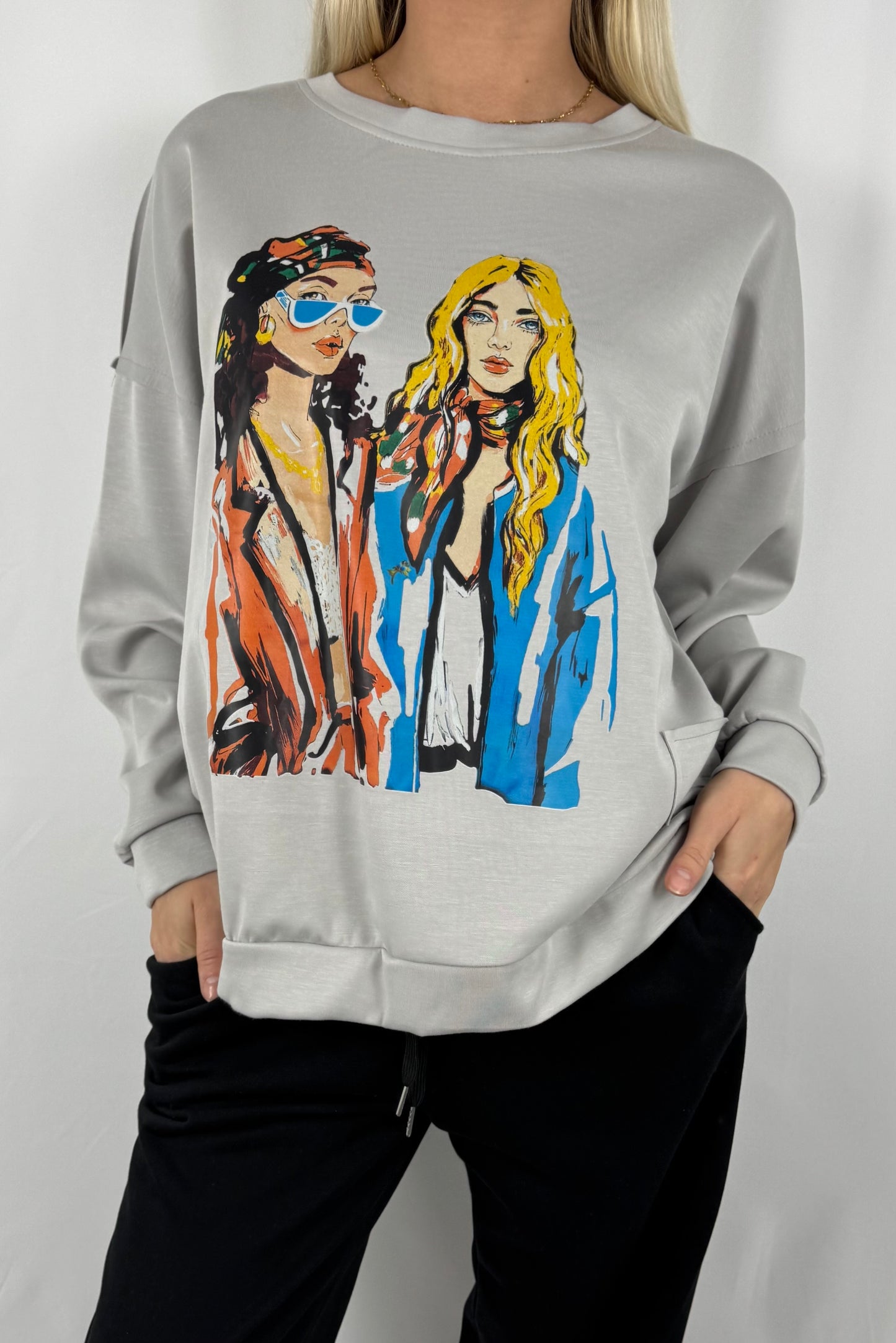 Oversize Damen Sweatshirt mit Fashion Print-grau
