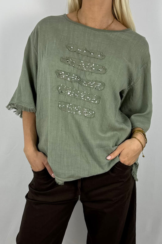 Leinen-Shirt mit Fransen & Nieten-Details-Khaki