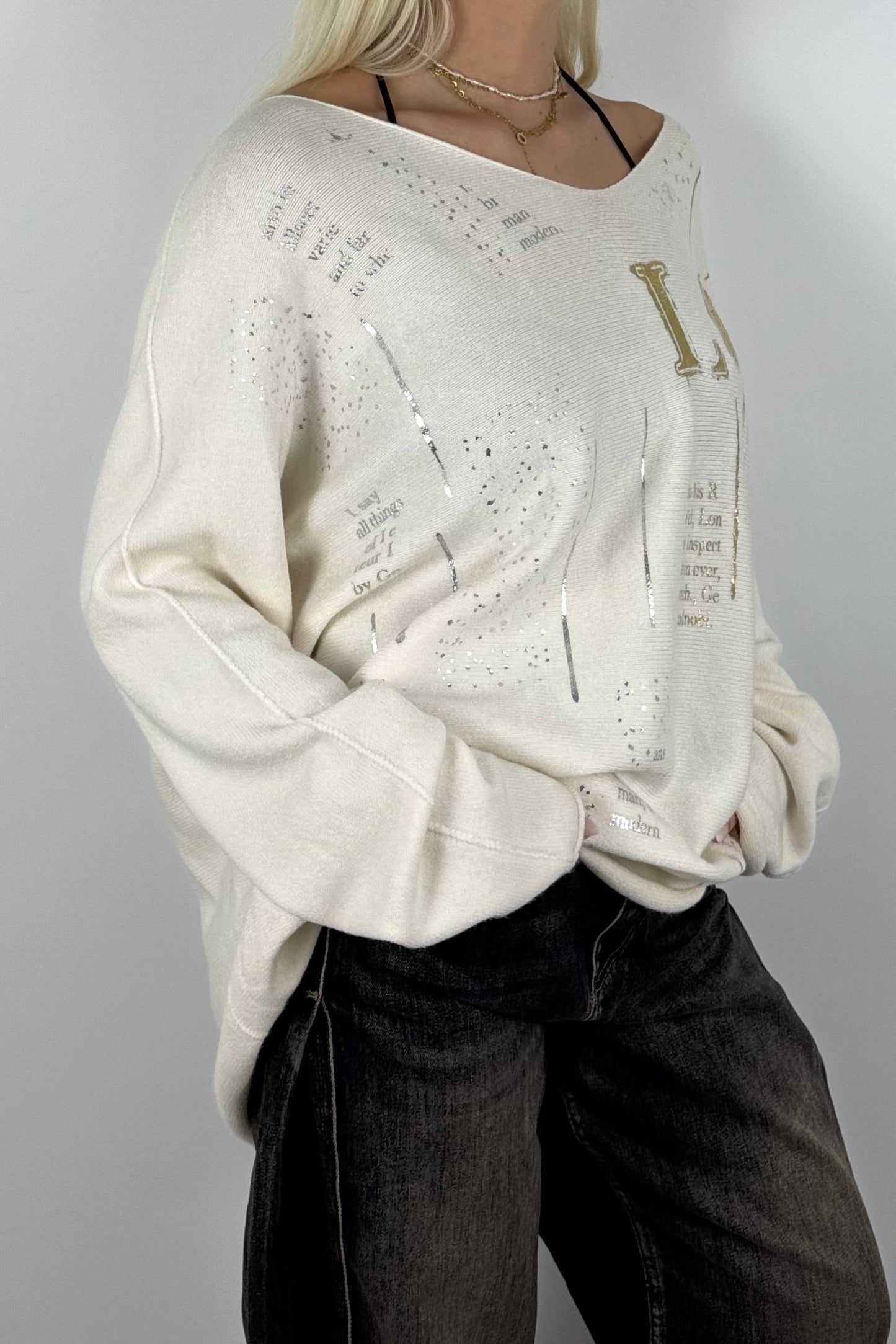 Oversize Shirt mit V-Ausschnitt & Metallic-Print-Cream Weiß