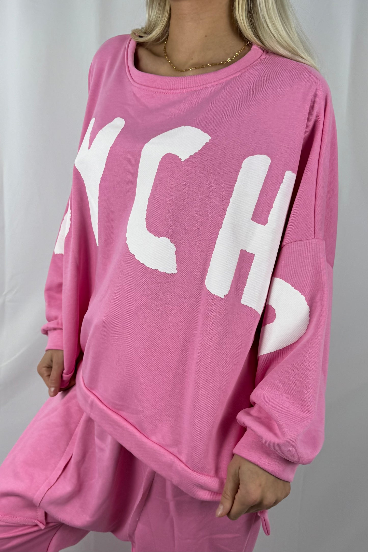 Oversize Sweatshirt mit Schriftzug „PSYCHO“-Rosa